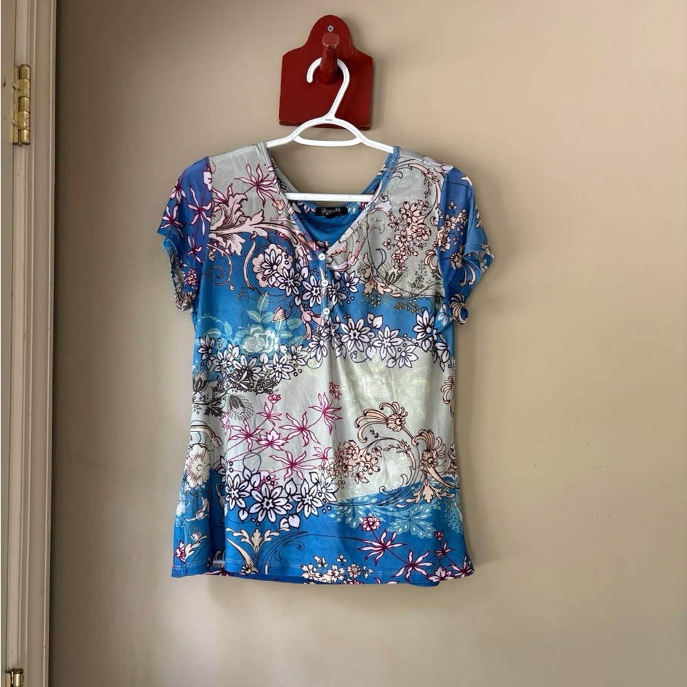 Jessica M Y2K Blue Floral Print V Neck Short Sleeve Top L